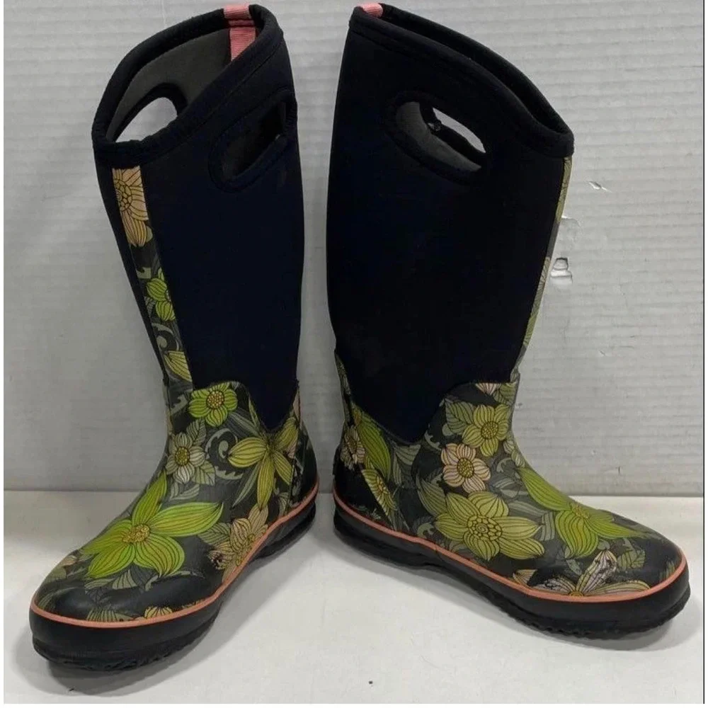 Bogs Classic High Stargazer Floral‎ Waterproof Rain garden Boots Black Green 6
